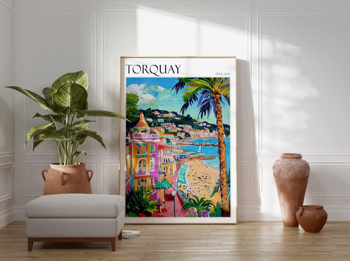 Torquay Pink Buildings Palm Beach Vivid Painterly England Coast Poster - Image 2