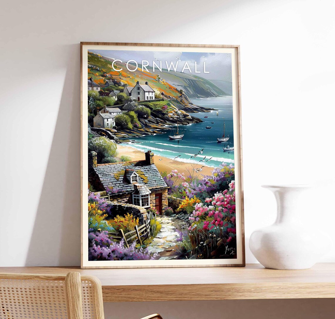 Cornwall Fishing Village Cottage Flowers Coast England Art Poster