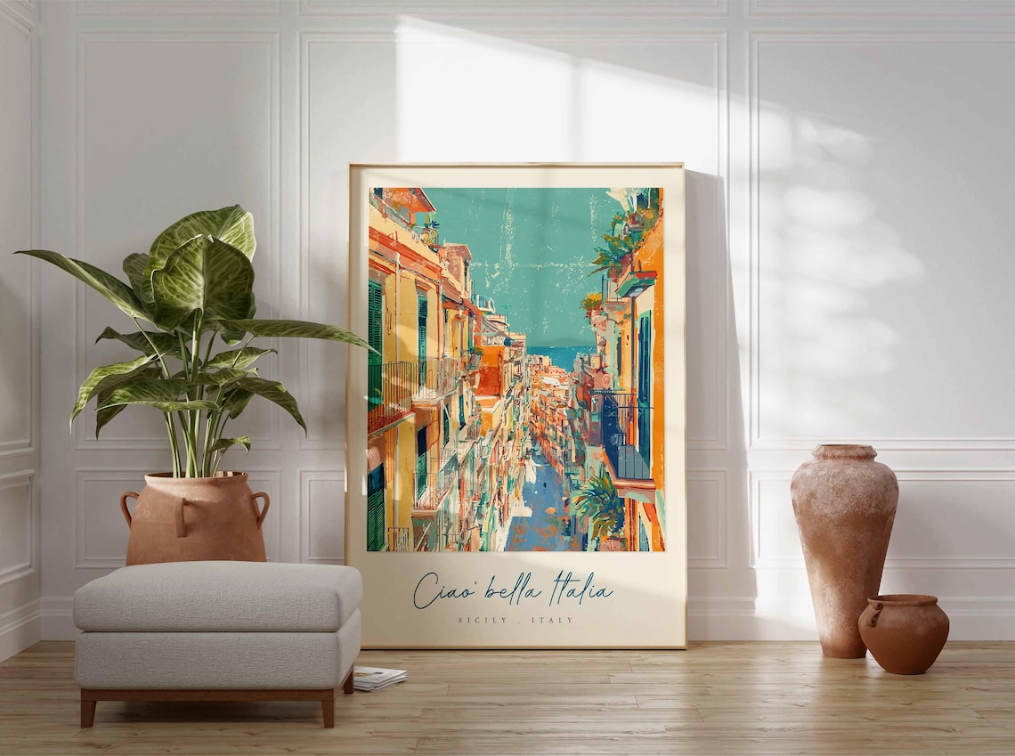 Sicily Italy Street Poster Historic Old Town Lane Balconies To The Sea - Image 3