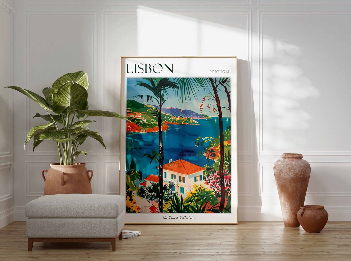 Lisbon Portugal Coastal Villa Palm Trees Travel Collection Poster - Image 3