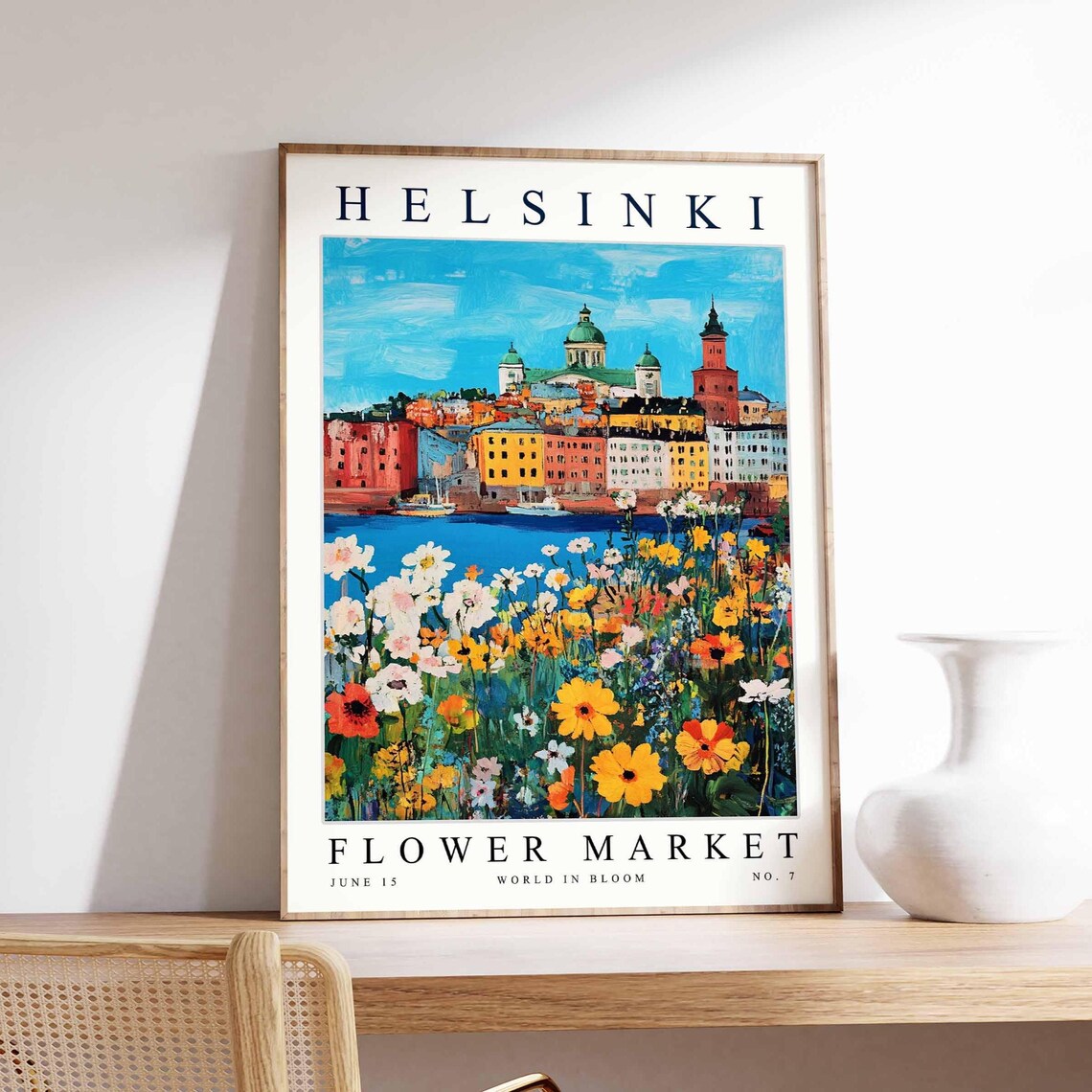 Helsinki Flower Market Pink Blossoms Blue Bay Cityscape Poster
