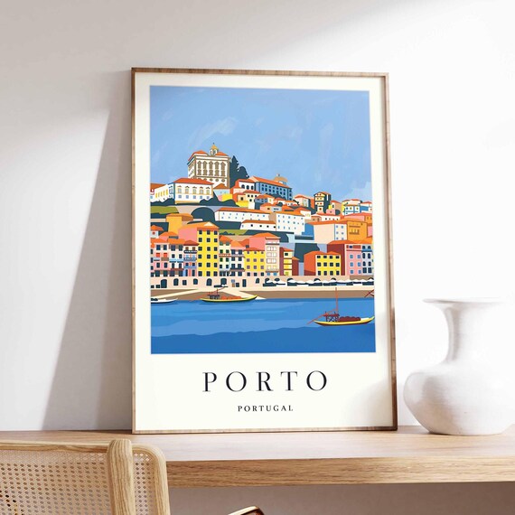 Porto Portugal Minimalist Church Hilltop Rabelo Boats River Poster