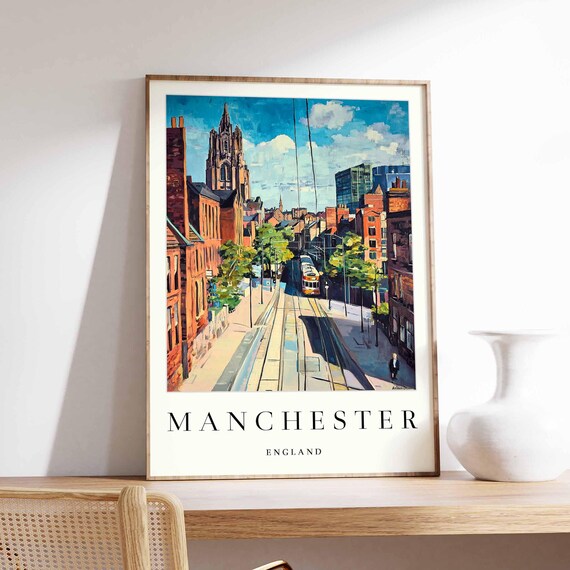 Manchester England Tram on Tracks Church Tower Street Poster