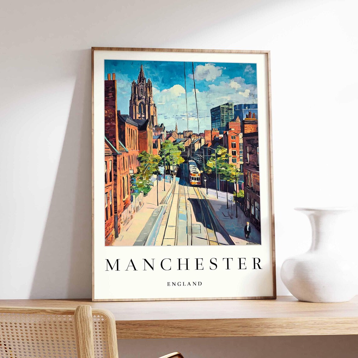 Manchester England Tram on Tracks Church Tower Street Poster