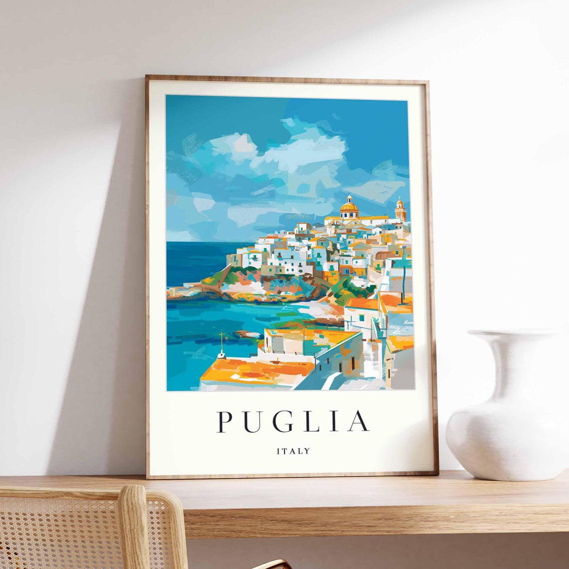 Puglia Italy Whitewashed Hilltop Town Cliff Dome Bell Tower Sea Poster
