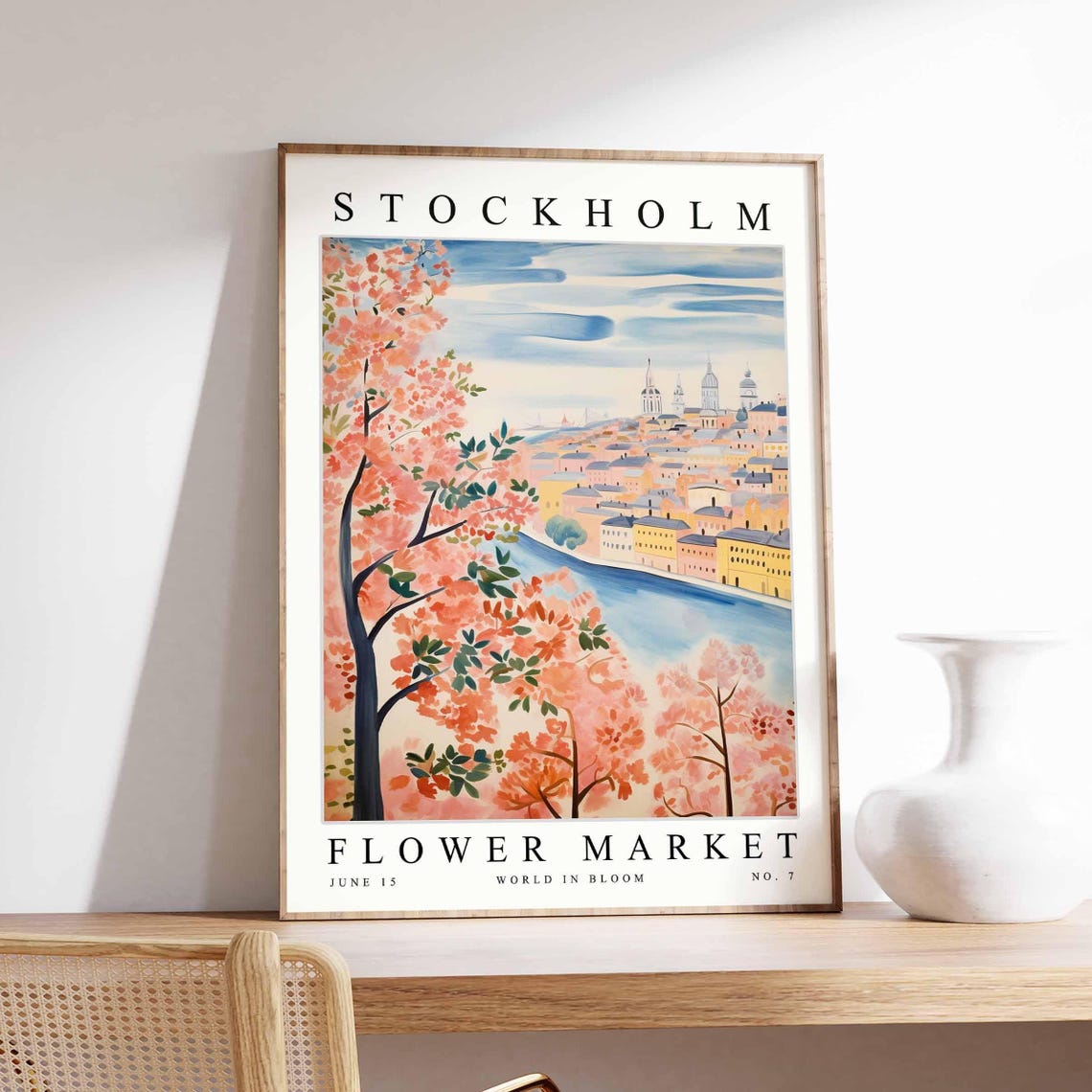 Stockholm Flower Market Blossoming Trees Riverside View Poster