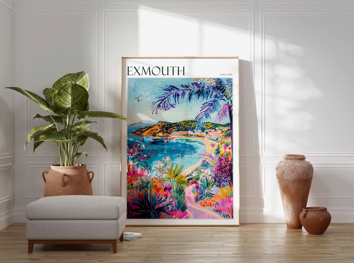 Exmouth England Tropical Bay Palm Trees Vibrant Painting Poster - Image 3