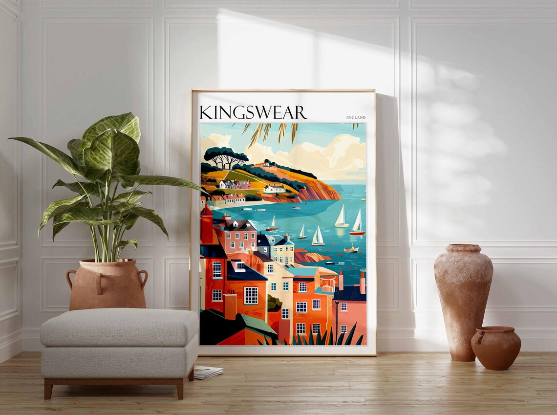 Kingswear England Rooftops Bay Sailboats Red Cliffs Travel Poster - Image 3