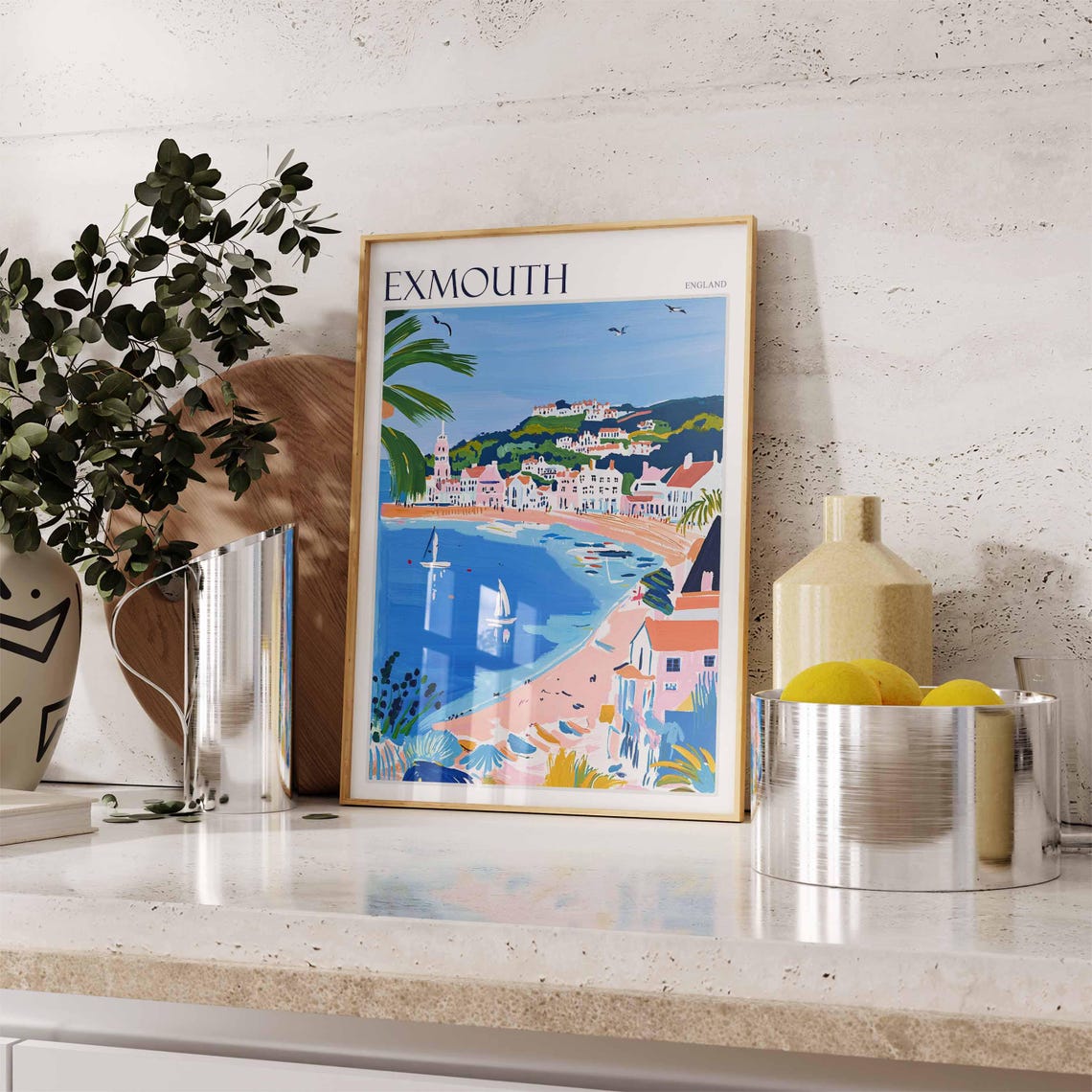 Exmouth England Pink Beach Palms Sailboats Tropical Art Poster - Image 2