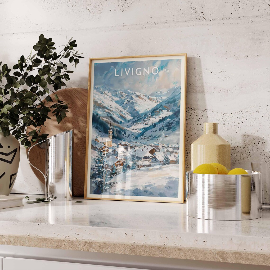 Livigno Italy Vintage Snowy Alps Ski Village Church Tower Poster - Image 2