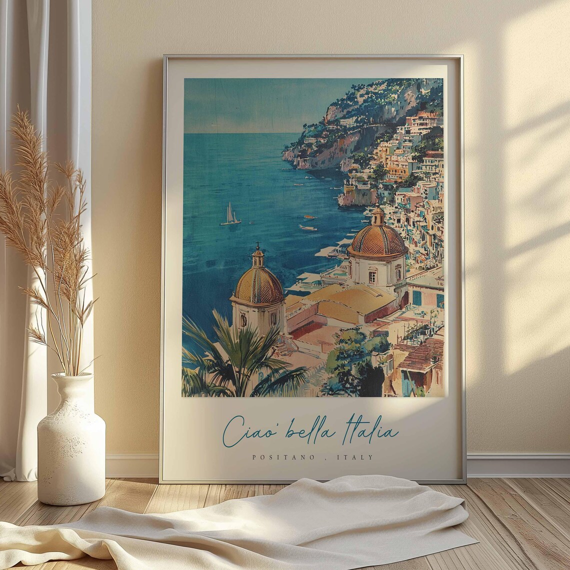 Positano Italy Domed Churches Sea Sailboats Coastline View Art Poster - Image 2