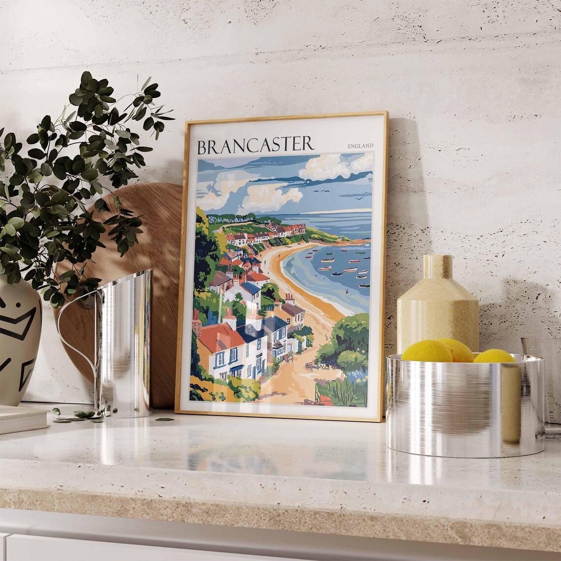 Brancaster England Bay View With Anchored Boats and Hillside Cottages Poster - Image 2