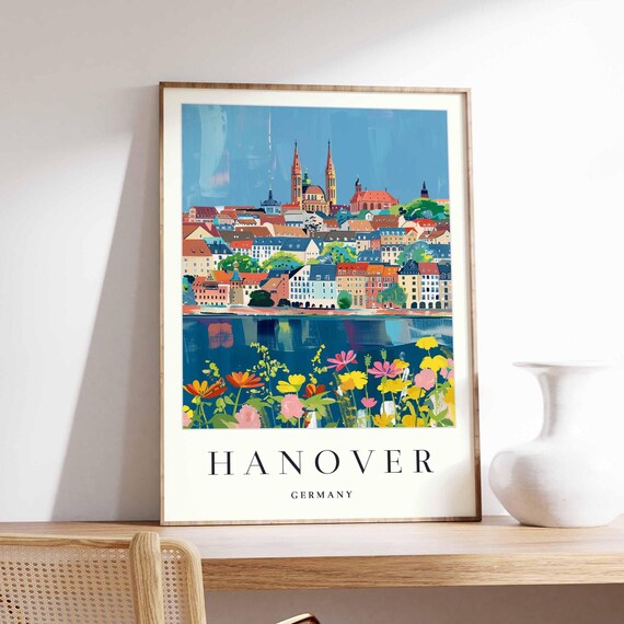 Hanover Germany Riverside City Floral Vintage Travel Art Poster