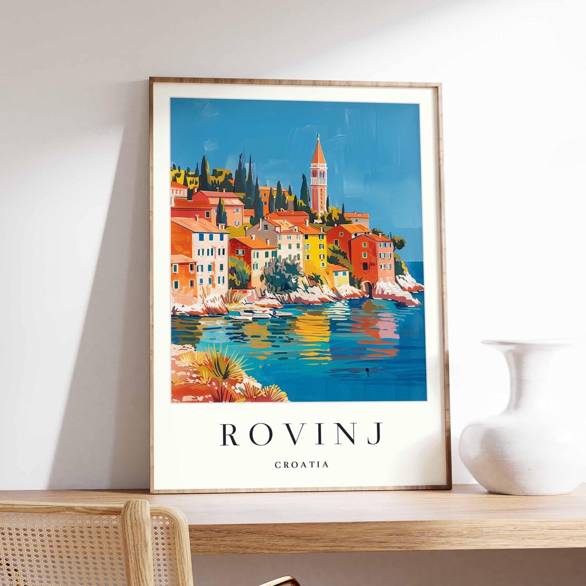Rovinj Croatia Coastal Old Town Church Tower Colorful Travel Poster