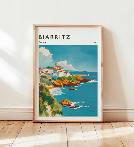 Biarritz France 1989 Rocky Atlantic Coast Watercolor Travel Poster
