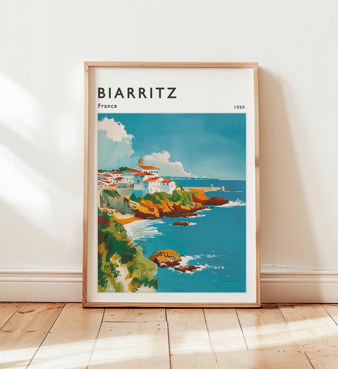 Biarritz France 1989 Rocky Atlantic Coast Watercolor Travel Poster