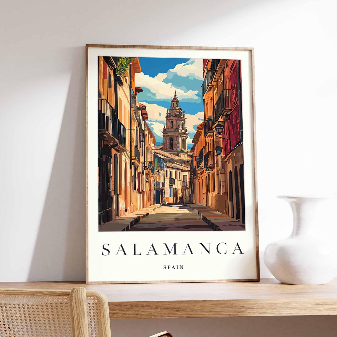 Salamanca Spain Colorful Old Town Street Bell Tower Facades Poster
