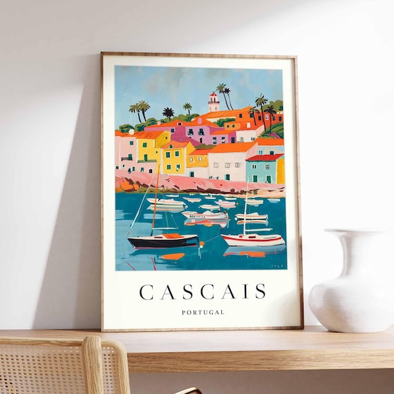 Cascais Portugal Pastel Harbor Sailboats Painted Travel Poster