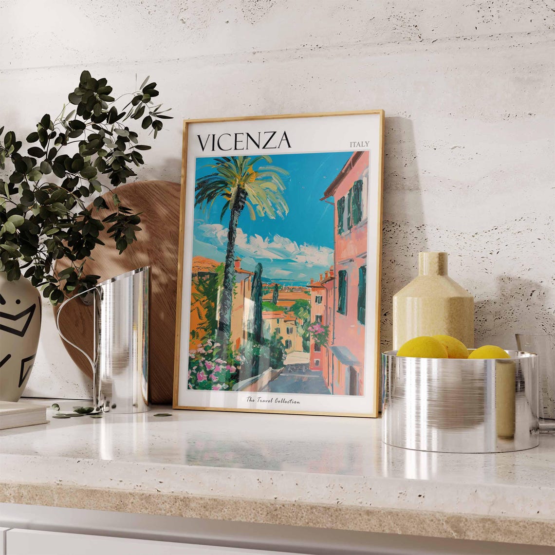 Vicenza Italy Palm Tree Sunny Street Watercolor Travel Poster - Image 3
