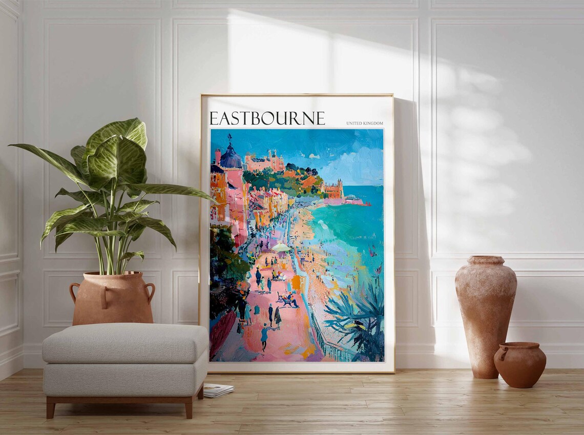 Eastbourne Busy Promenade Crowds Domed Buildings Seaside Painting Poster - Image 3