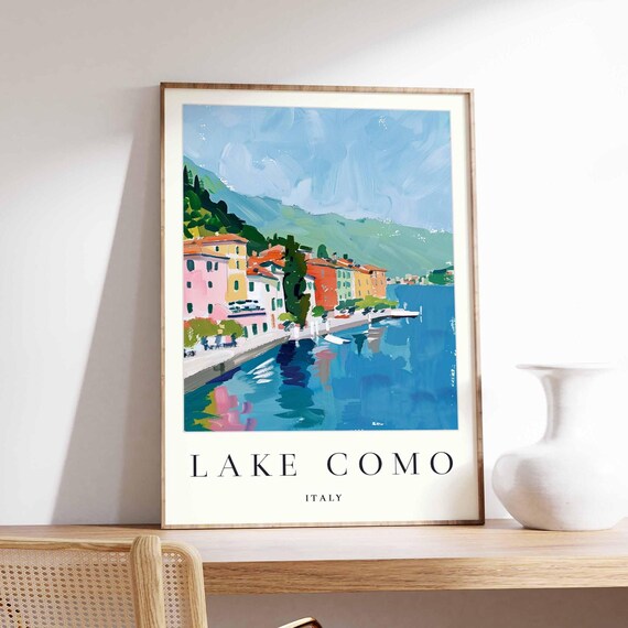 Lake Como Italy Waterfront Town Colorful Painted Travel Poster