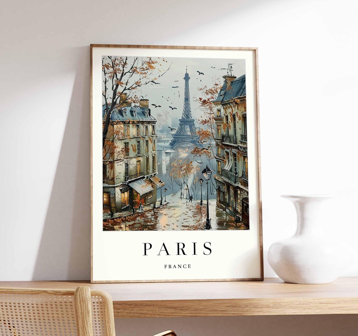 Paris France Eiffel Tower Autumn Rainy Street Painting Travel Poster
