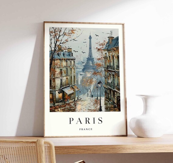 Paris France Eiffel Tower Autumn Rainy Street Painting Travel Poster