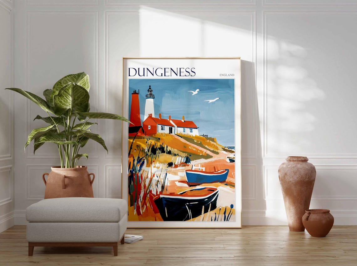 Dungeness England White Lighthouse and Beached Rowboats Poster - Image 3