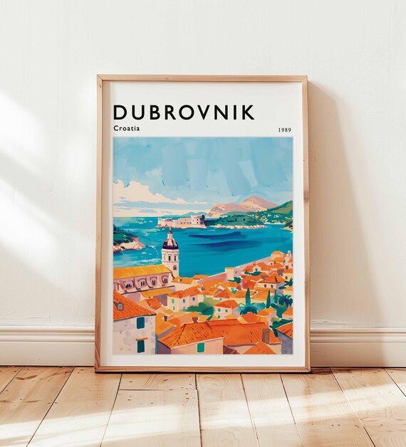 Dubrovnik Croatia 1989 Vintage Coastal Cityscape Travel Art Poster