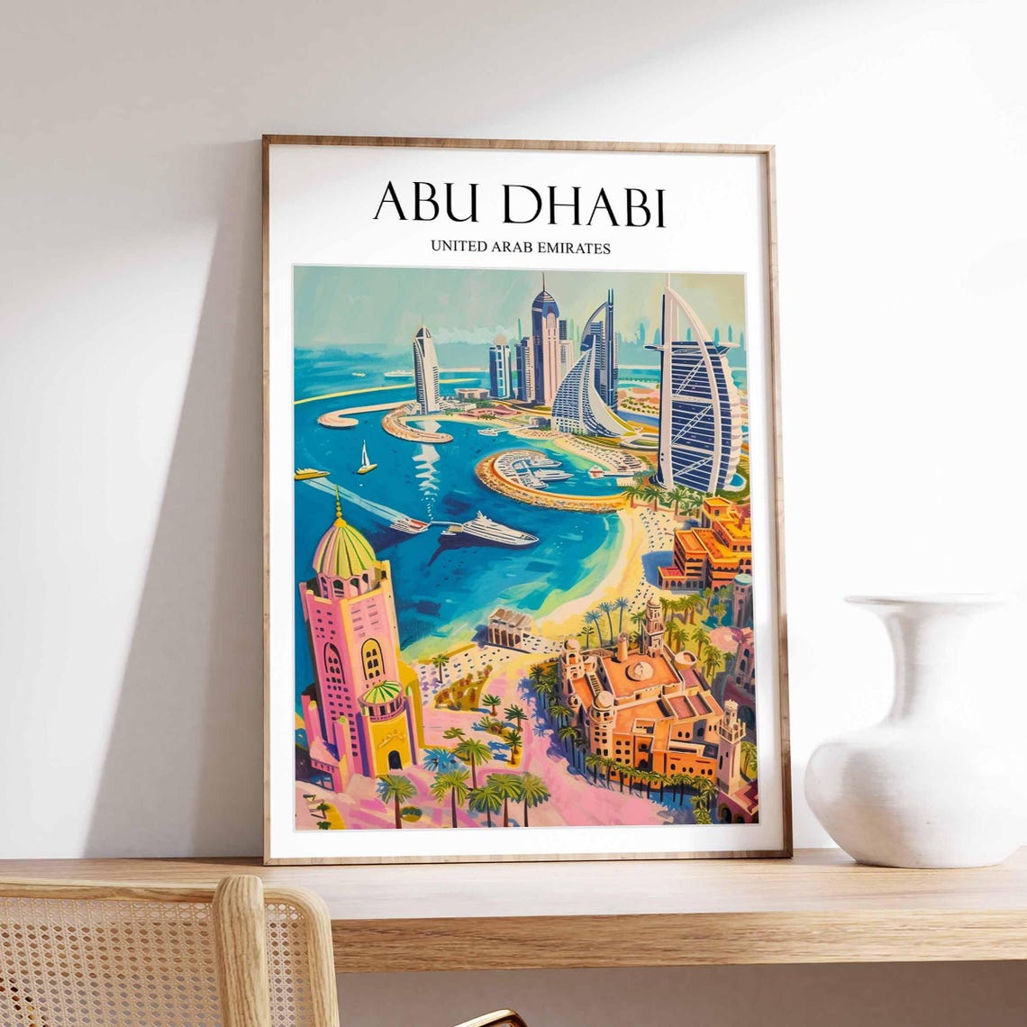 Abu Dhabi UAE Pastel Harbor Sail Tower Palm Beach Art Poster