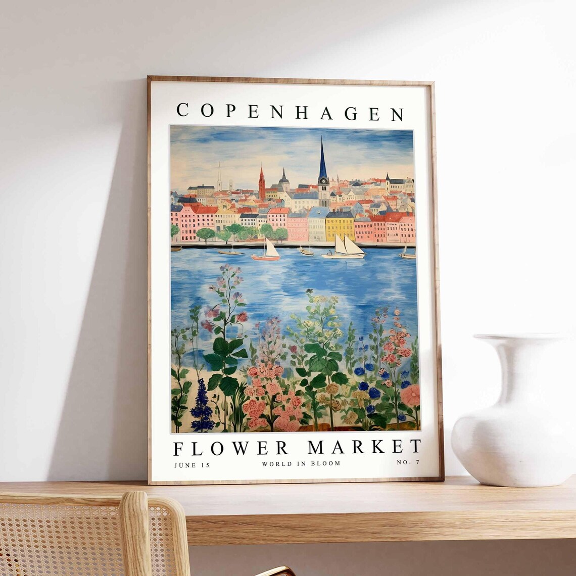 Copenhagen Flower Market No 7 Sailboats Skyline Pink Bloom Art Poster