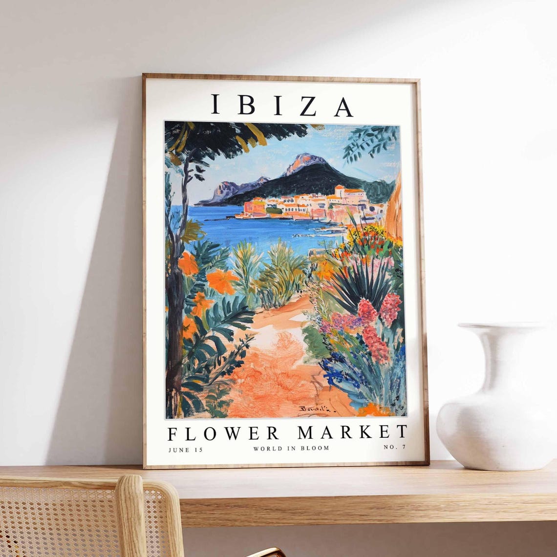 Ibiza Flower Market Coastal Town Garden Path Mountain Art Poster