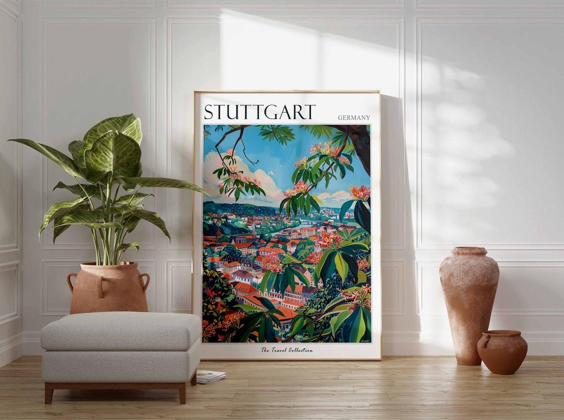 Stuttgart Germany Lush Green Floral City Panorama Travel Poster - Image 3