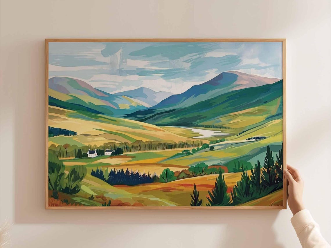 Cairngorms Green Valley Cottages Winding Stream Pop Art Poster