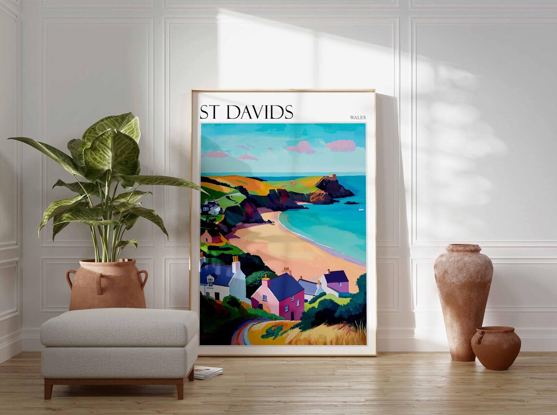 St Davids Wales Pretty Pink Houses Golden Beach Bay View Poster - Image 2