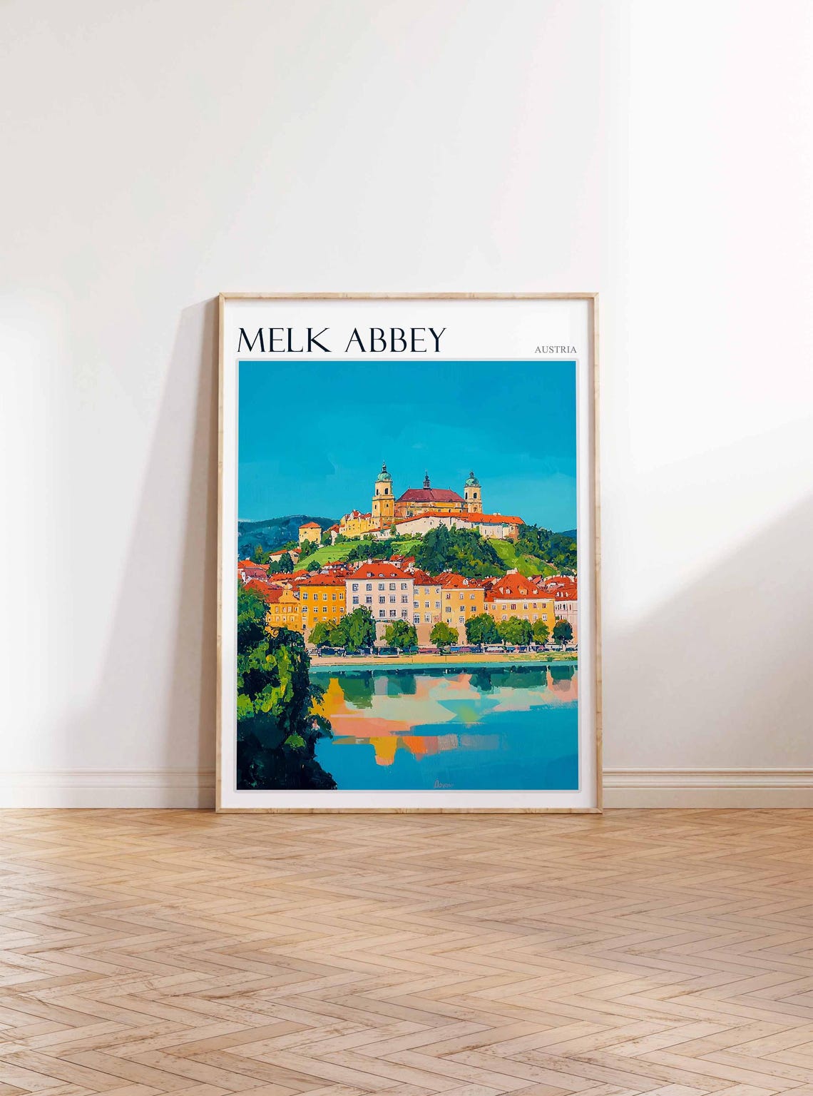 Melk Abbey Austria Distant View with River Reflection Travel Poster - Image 4