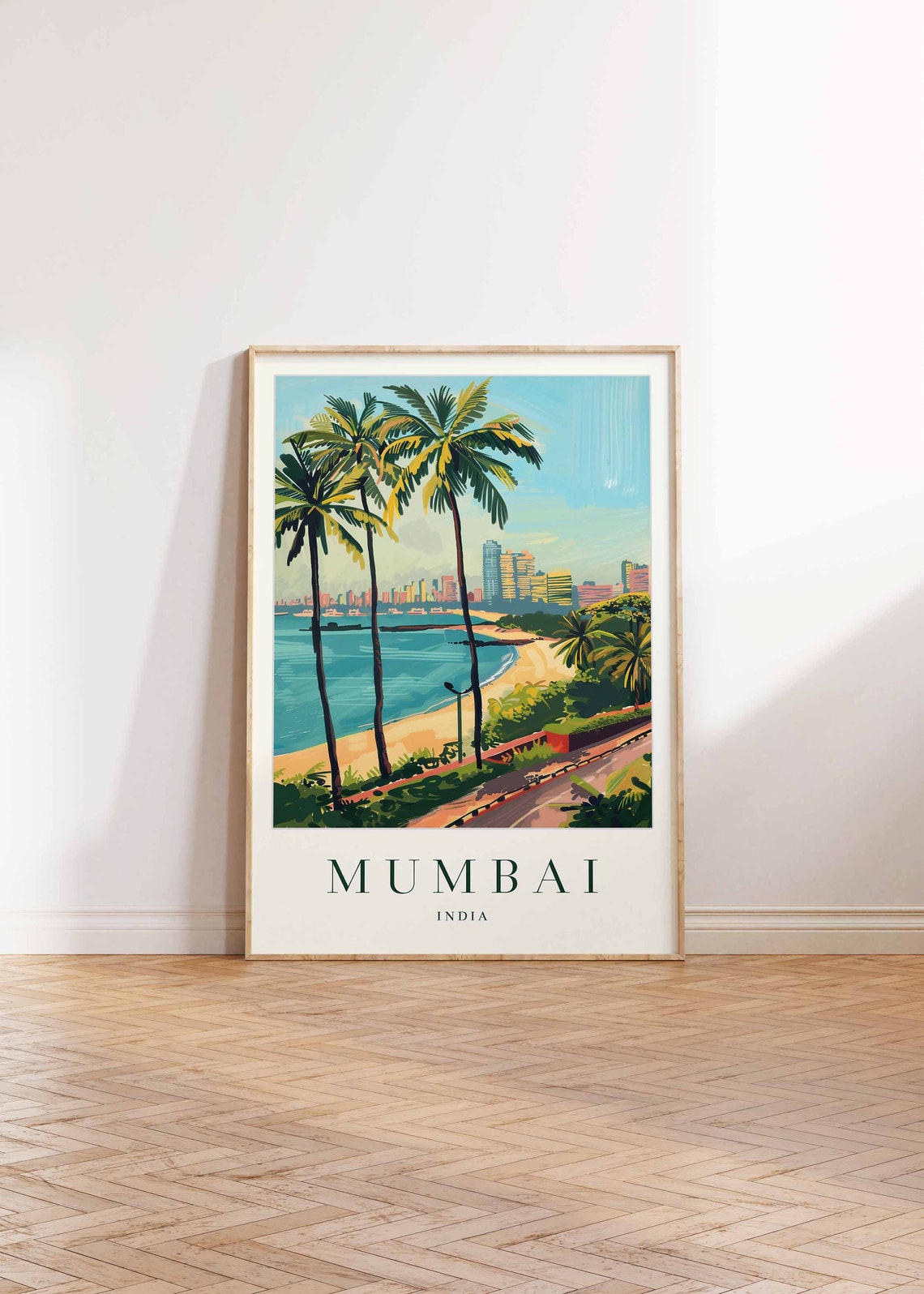 Mumbai India Palm Fringed Beach With City Skyline Travel Poster - Image 2