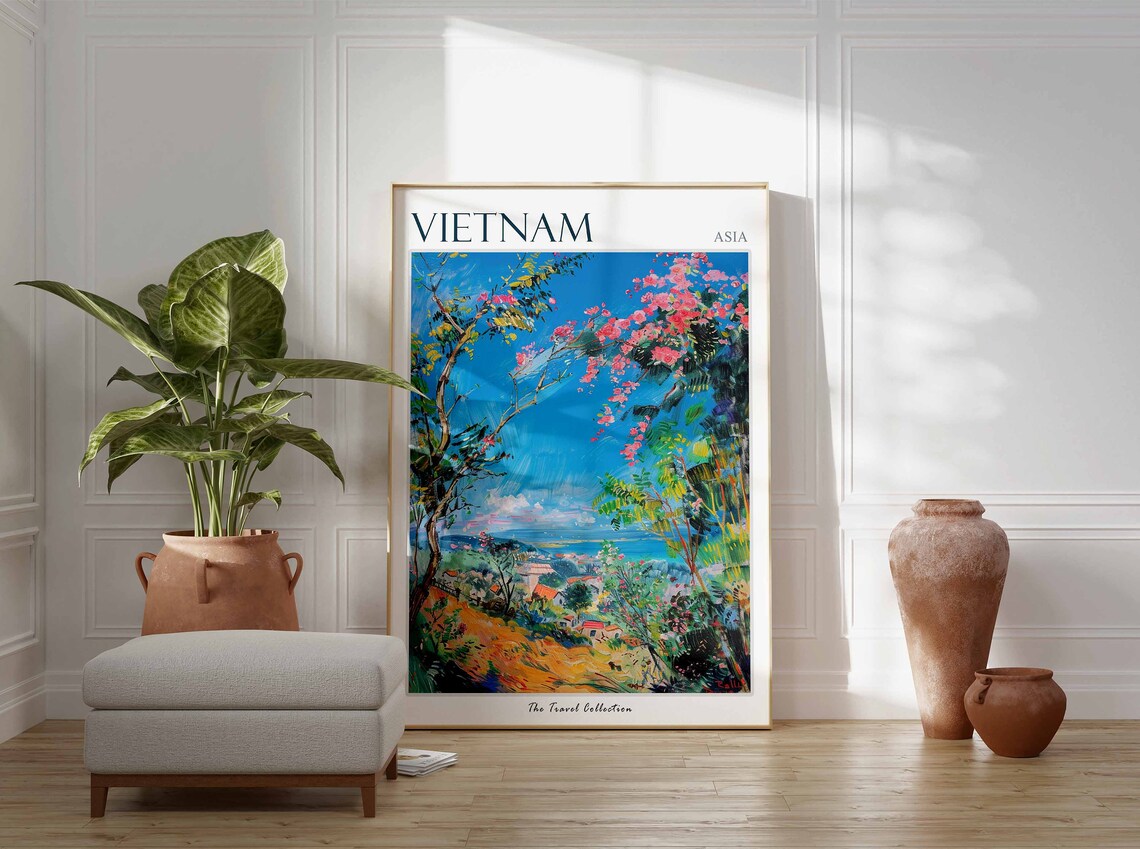 Vietnam Asia Pink Blossom Trees Coastal Village Sea View Poster - Image 2