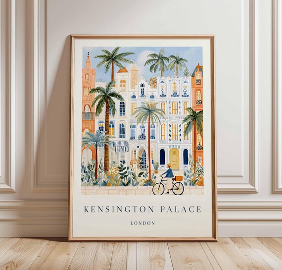 Palm Lined Street Colonial Buildings Cyclist Tropical City Art Poster