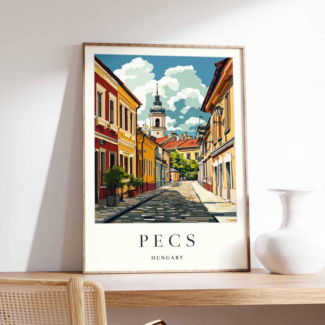 Pecs Hungary Old Town Cobblestone Street Church Tower View Poster