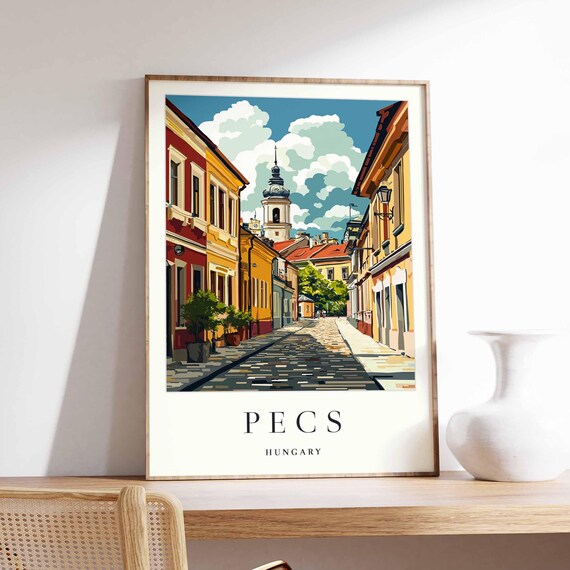 Pecs Hungary Old Town Cobblestone Street Church Tower View Poster