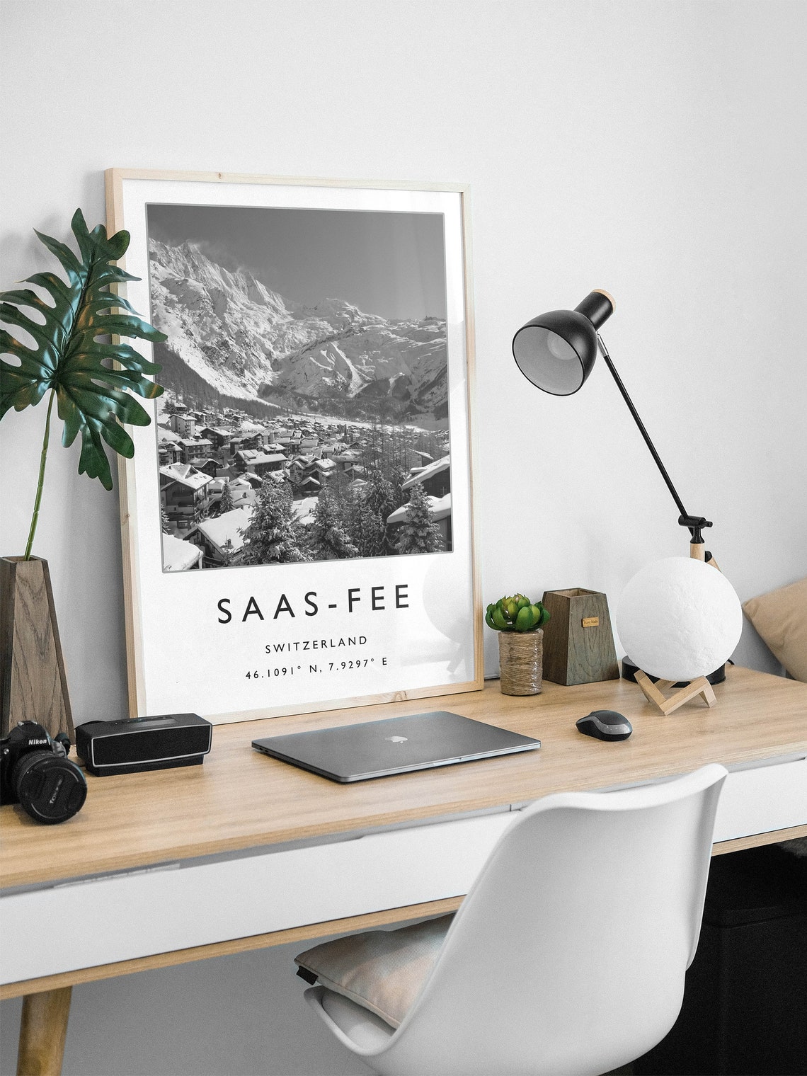 Saas Fee Switzerland Ski Town Alpine Monochrome Photo Poster - Image 2
