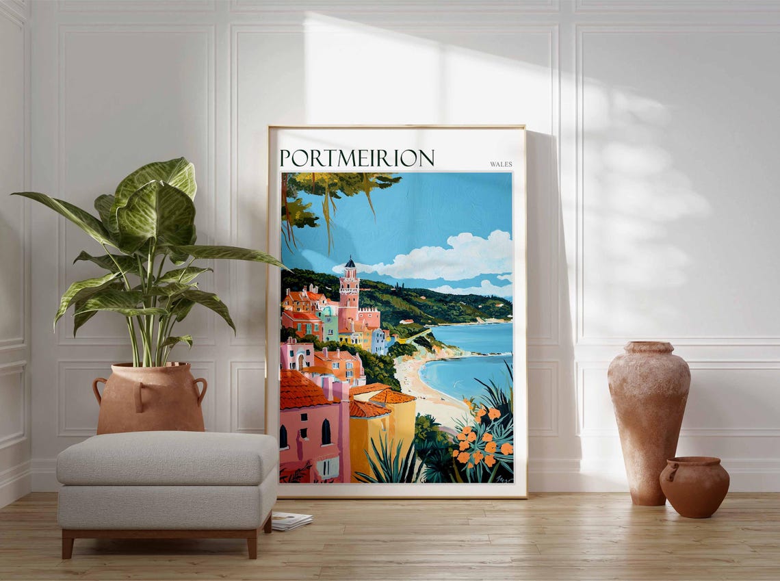 Portmeirion Wales Terracotta Roofs Bell Tower Sandy Beach Art Poster - Image 4