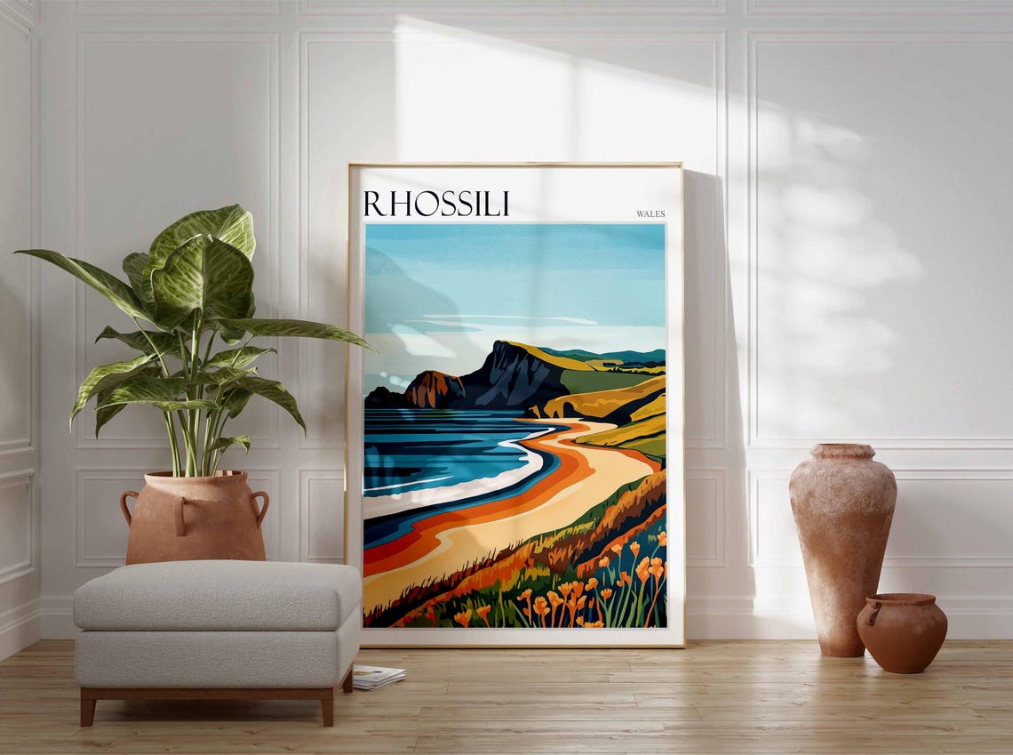 Rhossili Wales Bold Graphic Beach Dark Cliffs Bright Orange Poster - Image 4