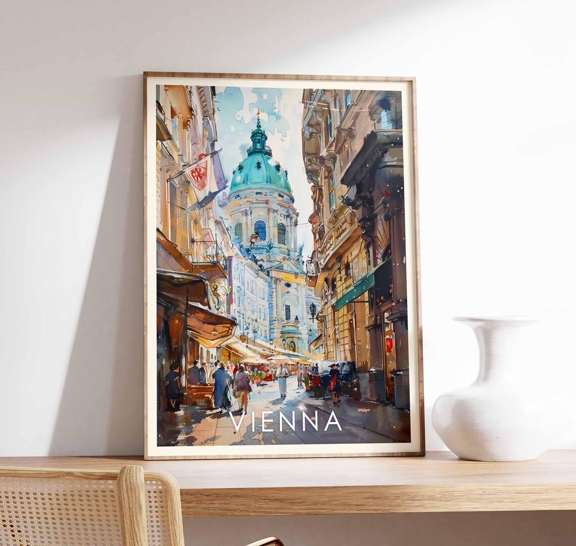 Vienna Old Town Street Watercolor Travel Poster Austria Cityscape Art