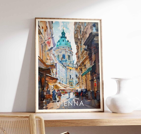 Vienna Old Town Street Watercolor Travel Poster Austria Cityscape Art