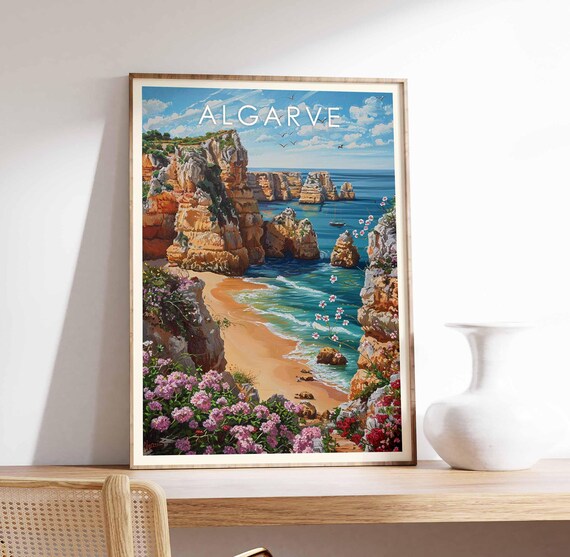 Algarve Portugal Golden Cliffs Beach Coastline Travel Art Poster