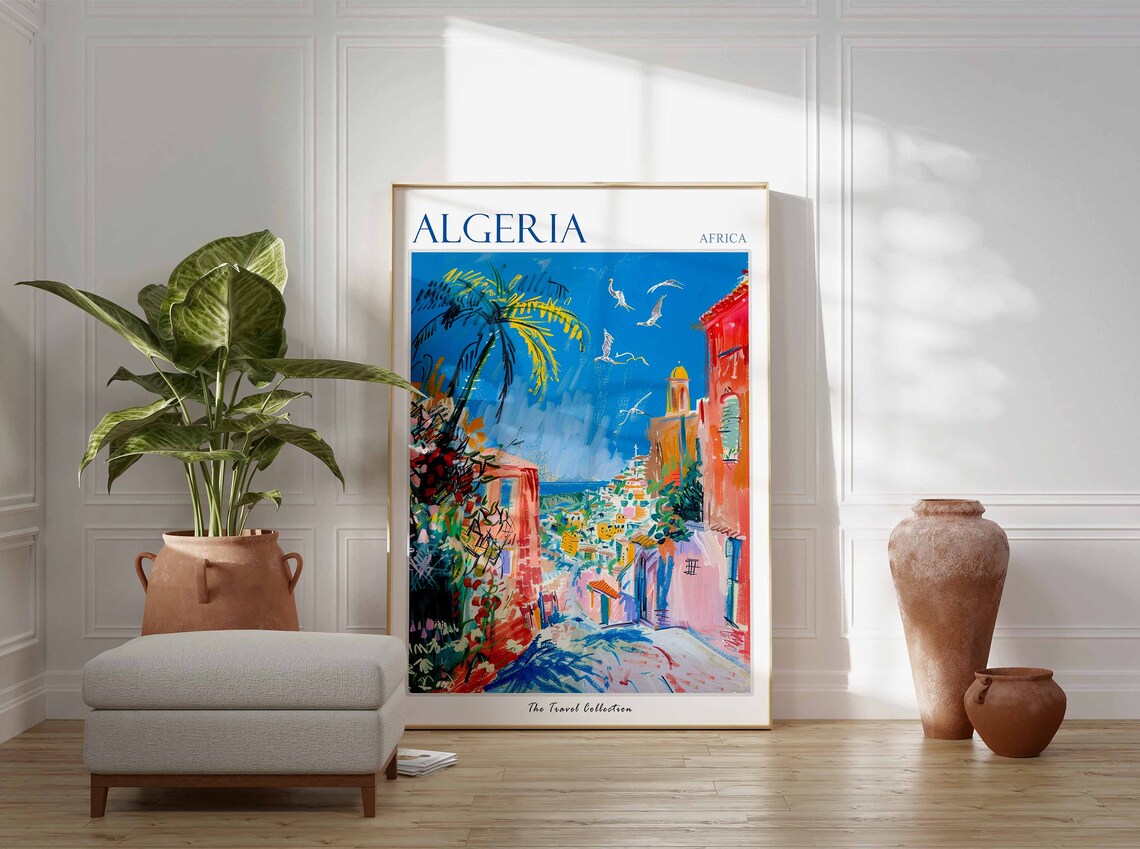 Algeria Africa Vibrant Coastal Street Palms Scene Travel Poster - Image 2