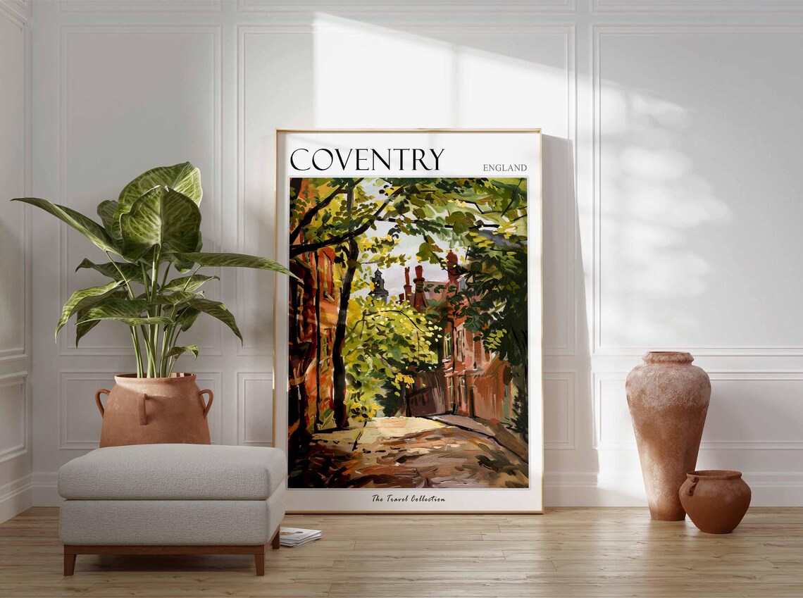 Coventry England Leafy Lane Brick Buildings Church Spire Poster - Image 2