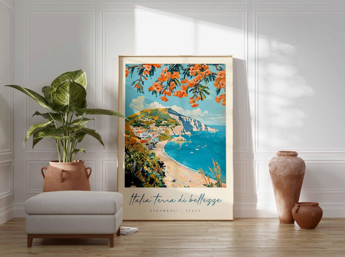 Stromboli Italy Bay Poster Beach Blossom Branches And Cliffs View - Image 3